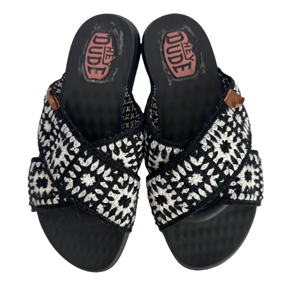 HEYDUDE Women's Christi Slide Sandals Crochet Black/White US 7 UK 5 EU 38 MPN